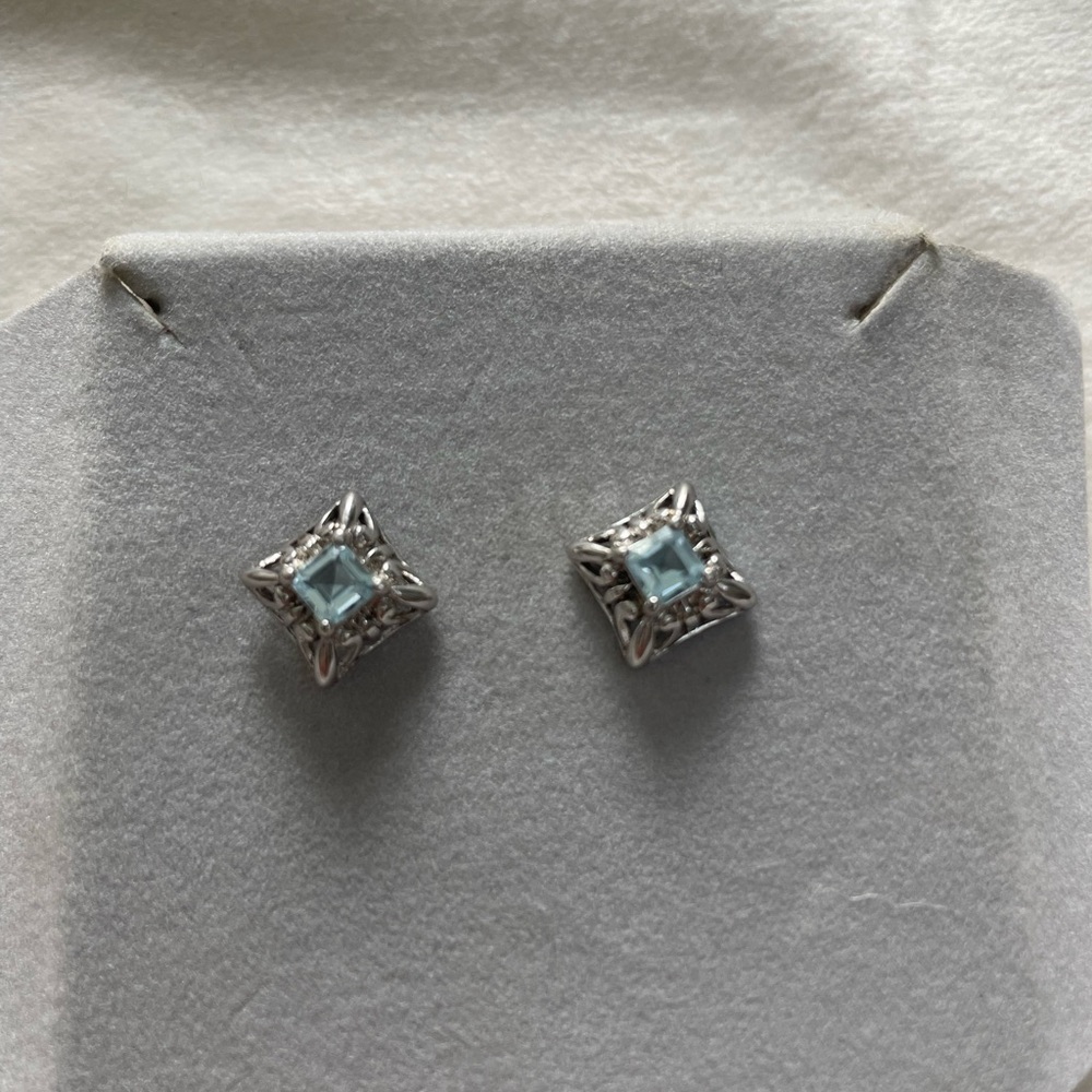 925 Silver light Blue stone CZ square Earrings ornate, openwork frame